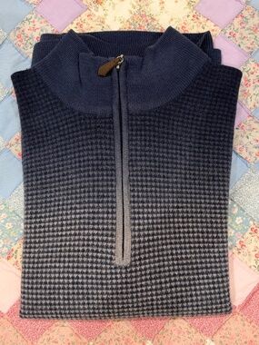 Raffi 1/4 Zip Merino Wool Graduated Blue-Gray Mock Neck Sweater. Size Large